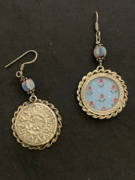 Silver Round Blue Handpainted Earrings