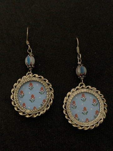 Silver Round Blue Handpainted Earrings