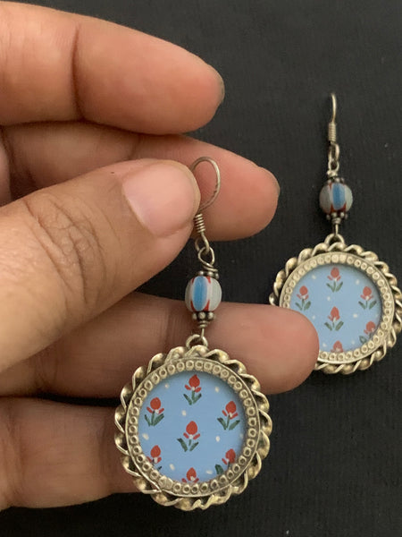 Silver Round Blue Handpainted Earrings