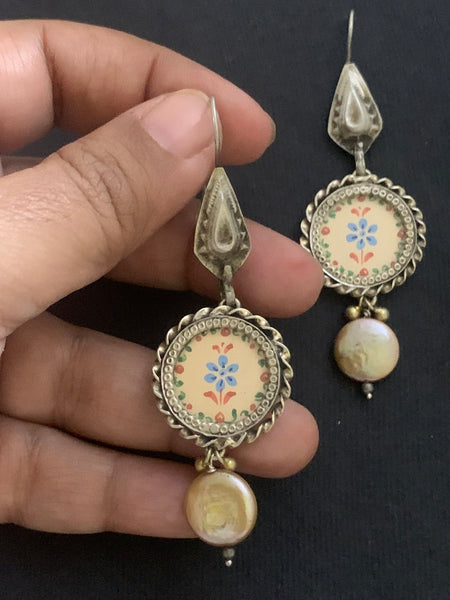 Silver Cream Handpainted Earrings