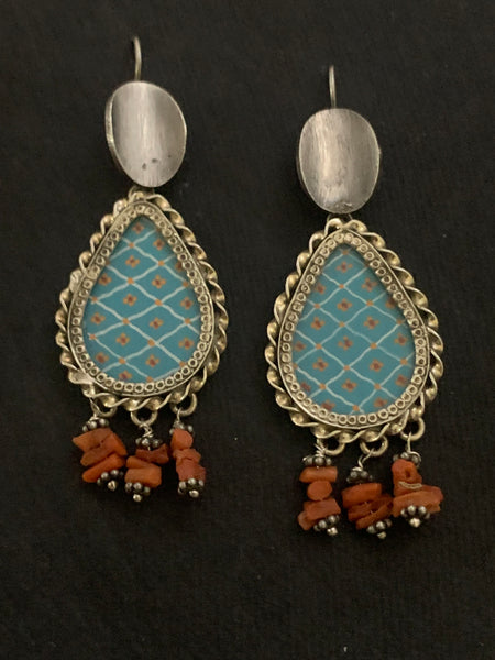 Teal Handpainted Silver Earrings