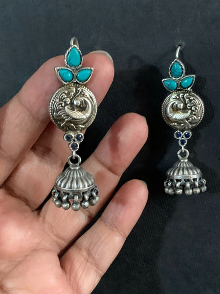 Silver Turquoise Peacock Jhumka