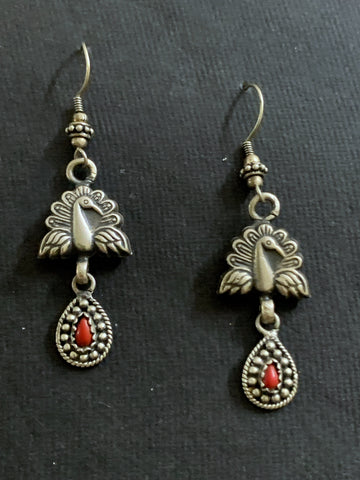 Silver Peacock Coral Earrings