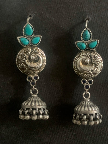 Silver Turquoise Peacock Jhumka