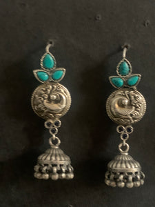 Silver Turquoise Peacock Jhumka