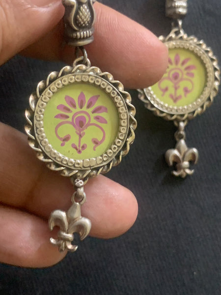 Tea Green Silver Handpainted Earrings